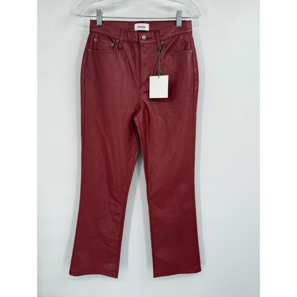 Pistola Pants Women's 26 Red Faux Leather‎ Straight Crop Holiday Grunge Chic NWT - Picture 1 of 13
